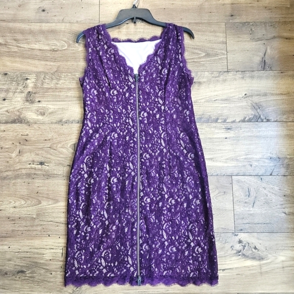 Adrianna Papell Burgundy Lace Dress Size 12 Nude Lined, High Neck, V-Back Zipper